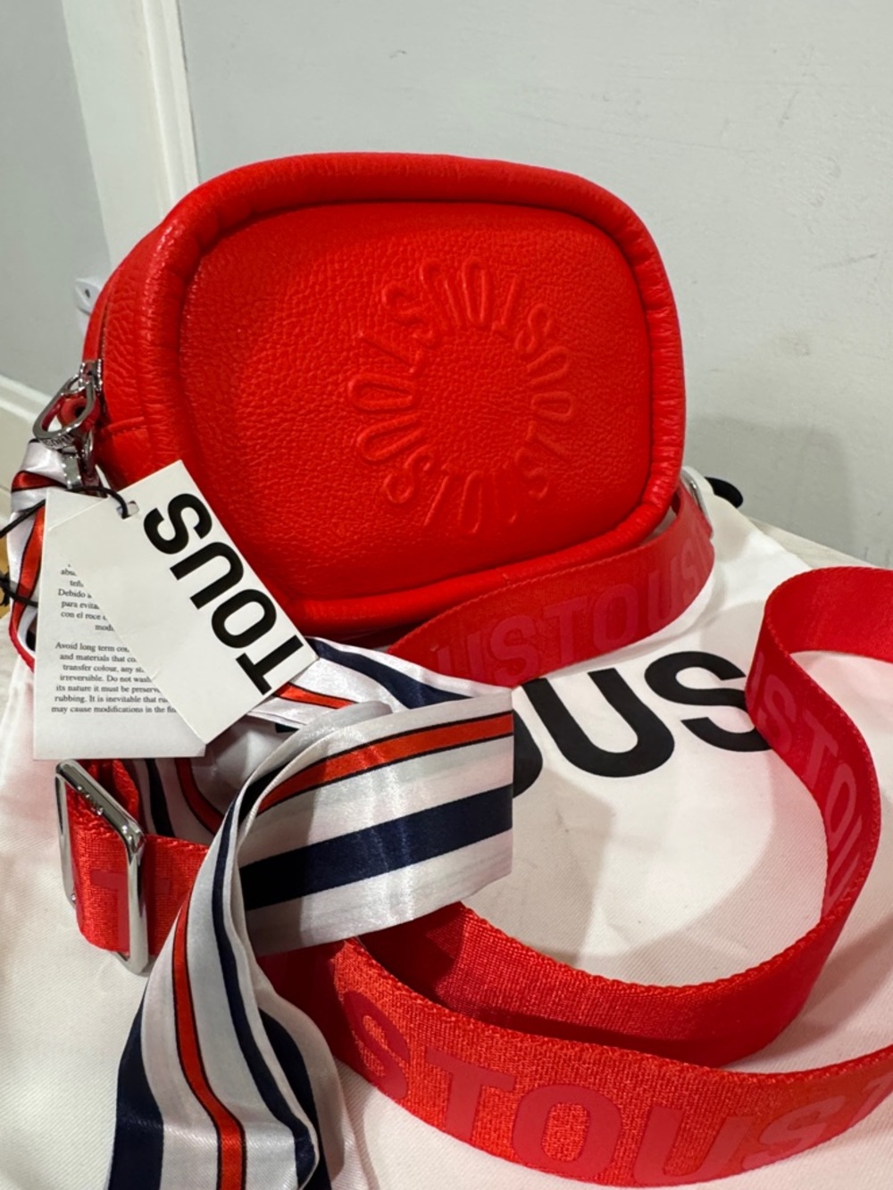 Tous Miranda Reporter Red Leather Crossbody Bag with Wide Logo Strap